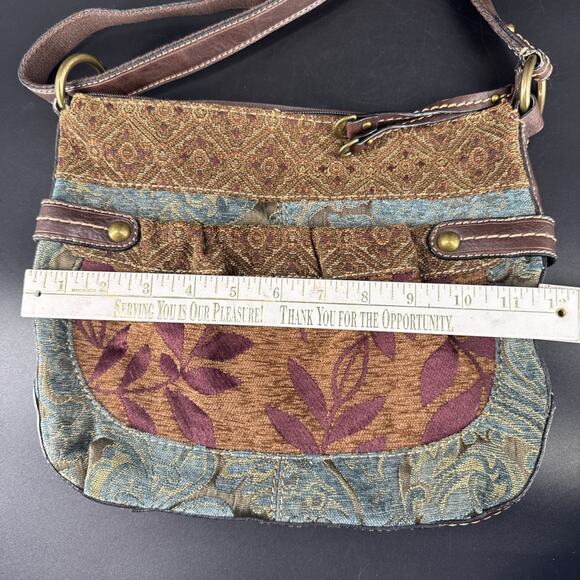 Vintage Fossil Tapestry Brown Purple & Blue Crossbody Purse Bag Leather Trim - Picture 3 of 14